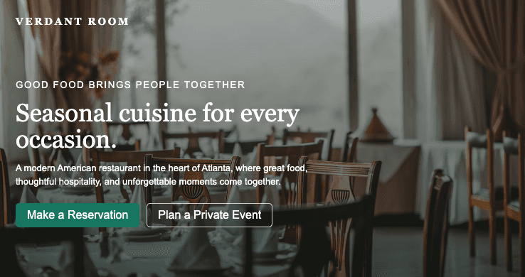 Verdant Room restaurant website designed in Menoviq